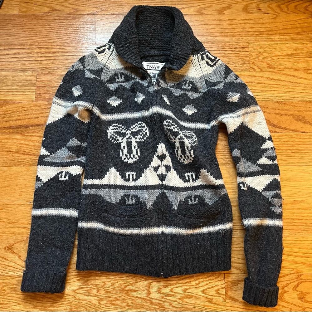 TNA Women's Gray and Cream zip up winter lambswool sweater size XS